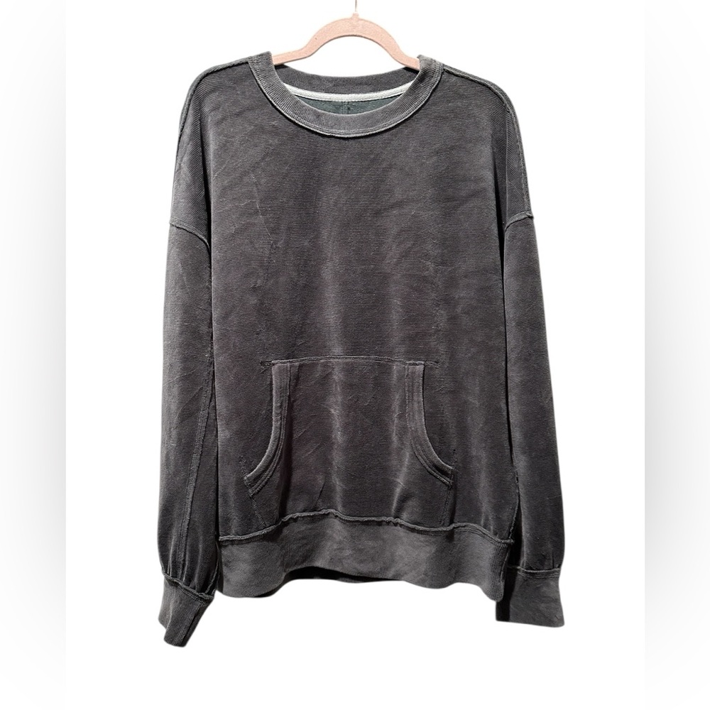 Free People We The Free Preston Velour Pullover, Crew Neck Top, Charcoal, Small